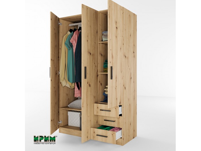 Трикрилен гардероб с чекмеджета Сити 1028 (дъб артисан)